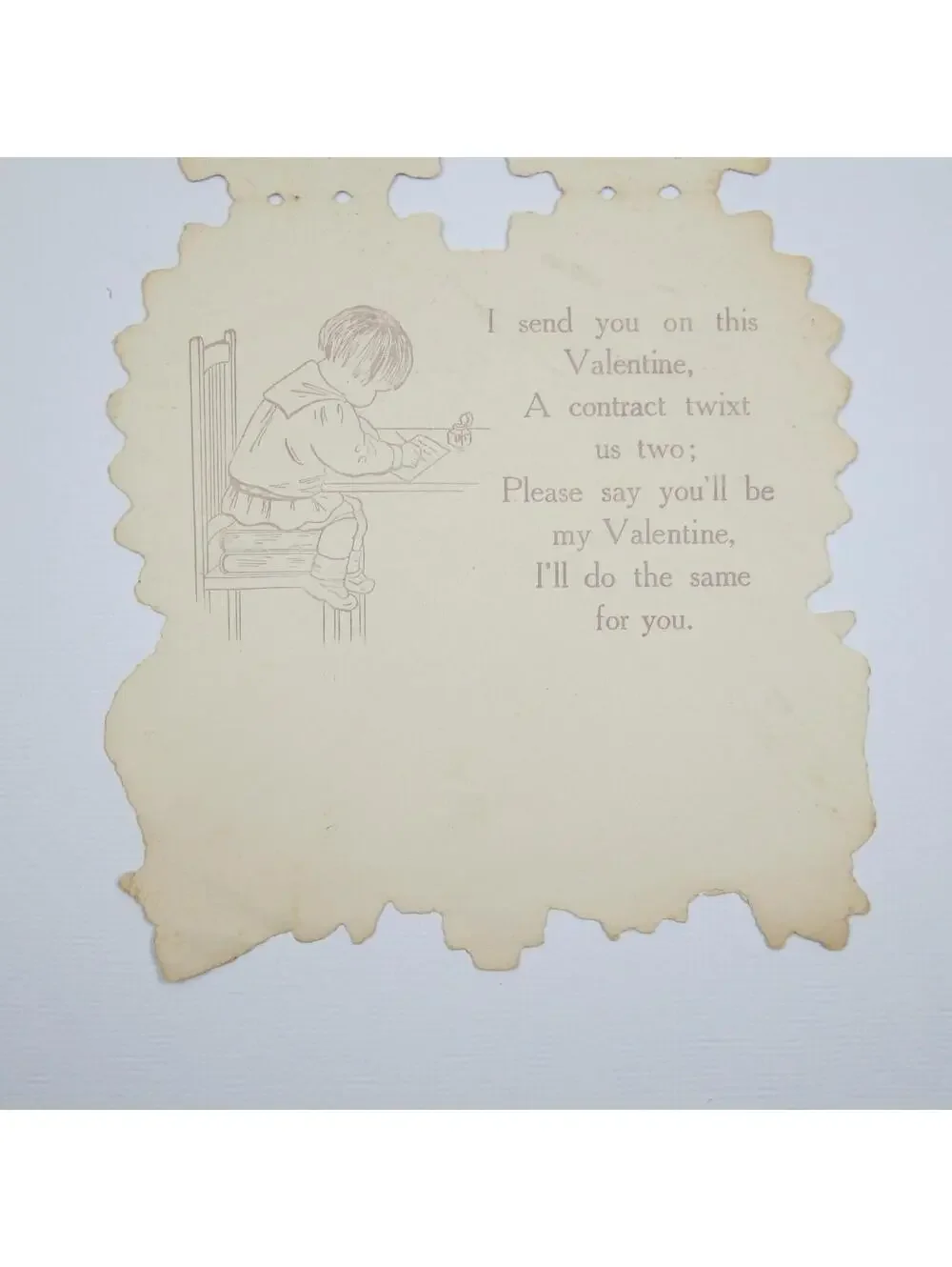 Vintage Valentine Card Boy Blue & Brown Hat White Goose Red Gold Die cut Bifold